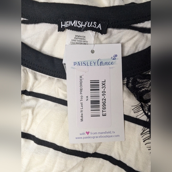 NWT Heimish USA 3XL Womens Long Sleeve Top Black Stripes/Lace with Pink Sleeves - Picture 4 of 8